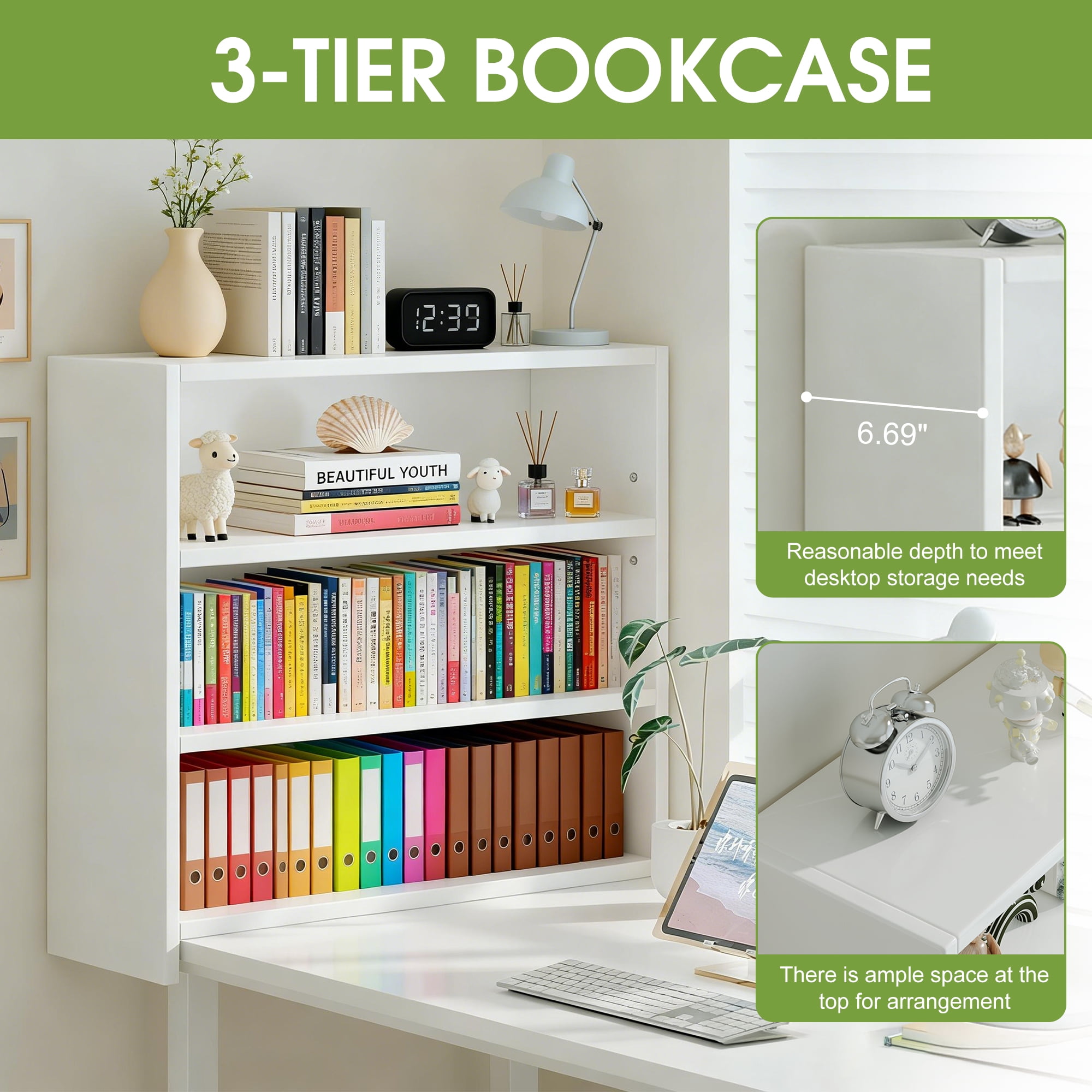 CISILOV 3-Tier Bookcase, Bookshelf with Adjustable Storage Shelves, Open Storage Cabinet, Modern Wooden Book Case, White Book Shelf for Home Office, Living Room, Bedroom