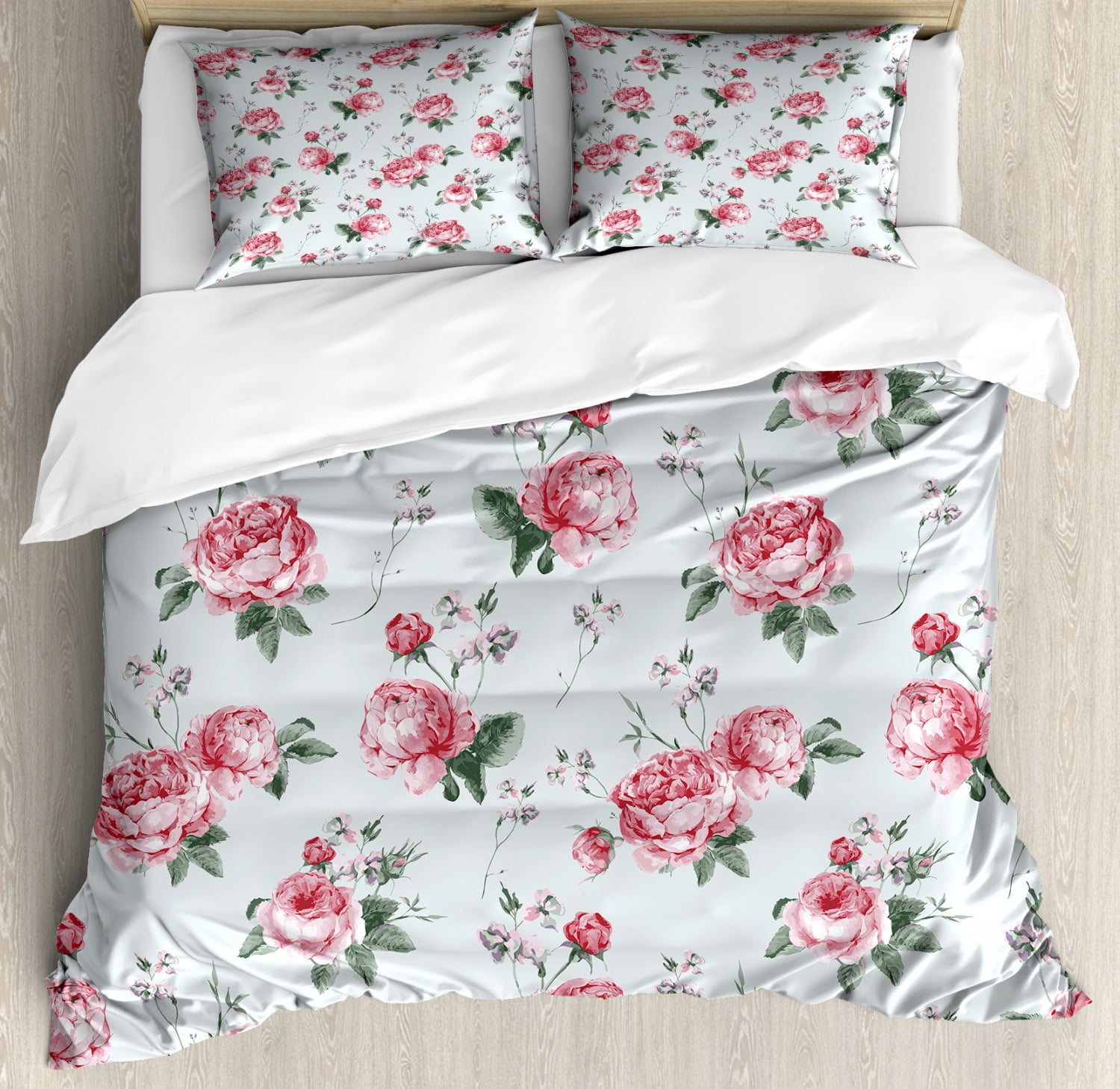 Rose Duvet Cover Set King Size, Blooming English Watercolor Style Garden Shabby Chic Flowers, Decorative 3 Piece Bedding Set with 2 Shams, Reseda Green Pink, by Ambesonne - Walmart.com