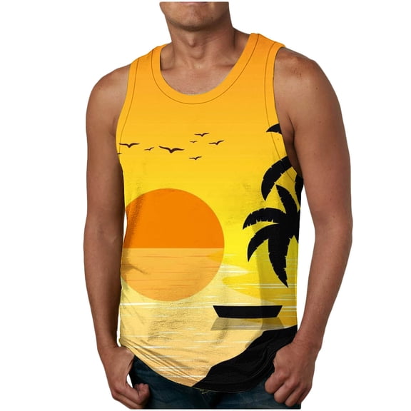 Penkiiy Hawaiian Tank Tops Men Summer Stylish Tropical Print Sleeveless T Shirt Workout Beach Vest Round Neck Casual Tee S Yellow