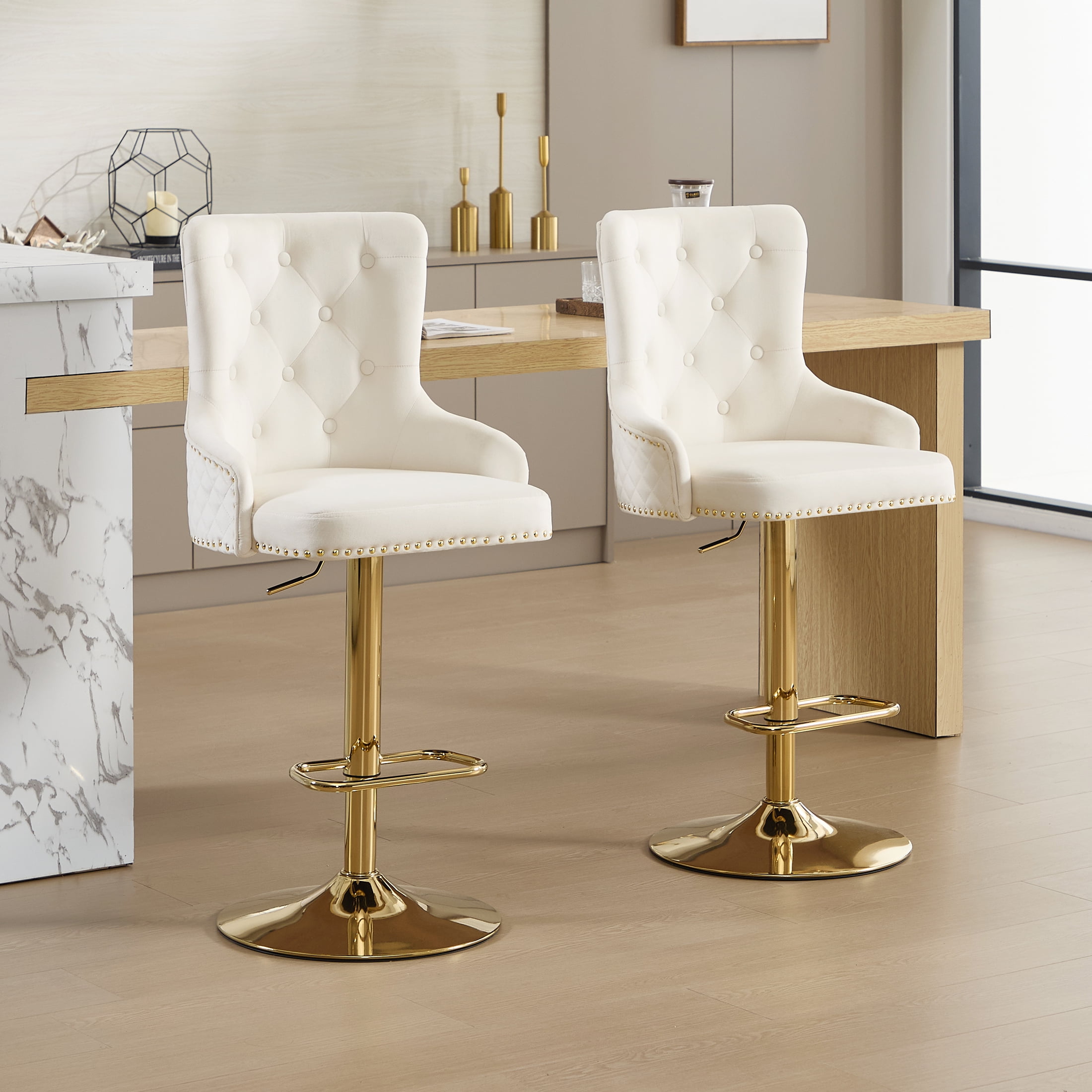 Velvet Gold Bar Stools Set of 4 Modern Counter Height Bar Stools with Lion Pull Ring Tufted Back, Nailhead Upholstered Barstools for Home Kitchen Island, Swivel Adjustable Stool Chair in Cream