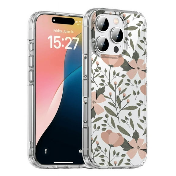 HZSY. Protective Gel Phone Case for iPhone 15 Pro Max - Printed Pink flowers and green leaves