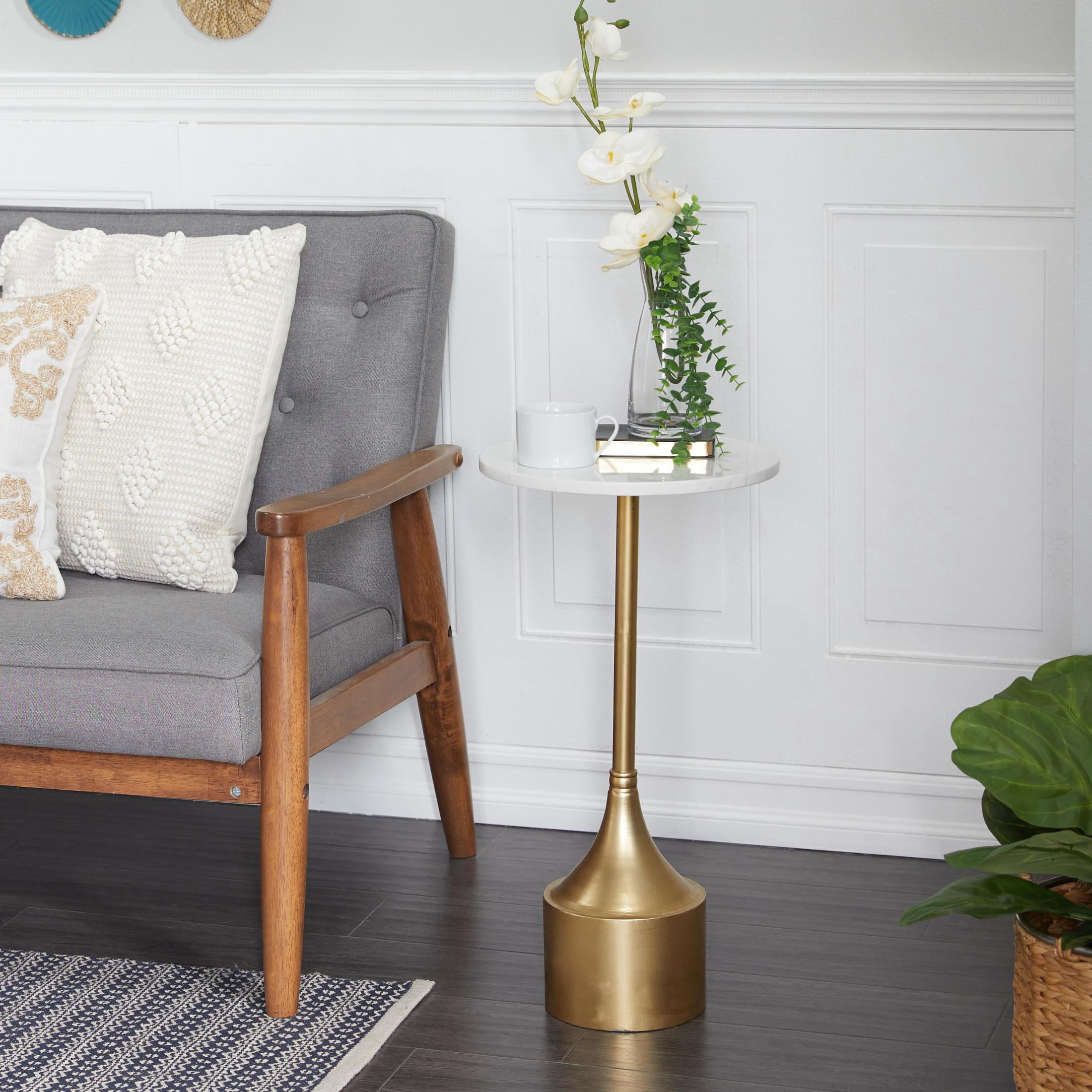 DecMode 13" x 25" Gold Metal Accent Table with White Marble Top, 1-Piece