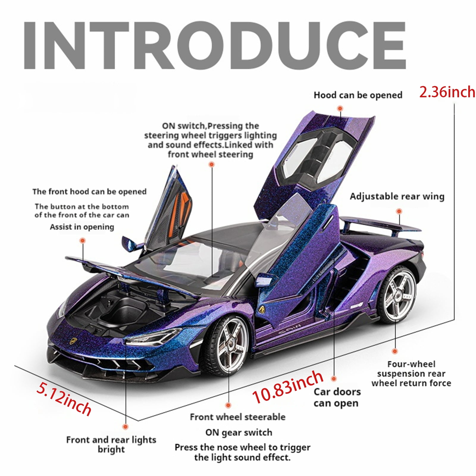 Anmyjuly 1:18 scale LP770 sports car model kits with Alloy Body, Shock Absorption Tires, Simulated Lights & Sound, Steerable Front Wheels & Adjustable Rear Wing, die cast metal toy cars