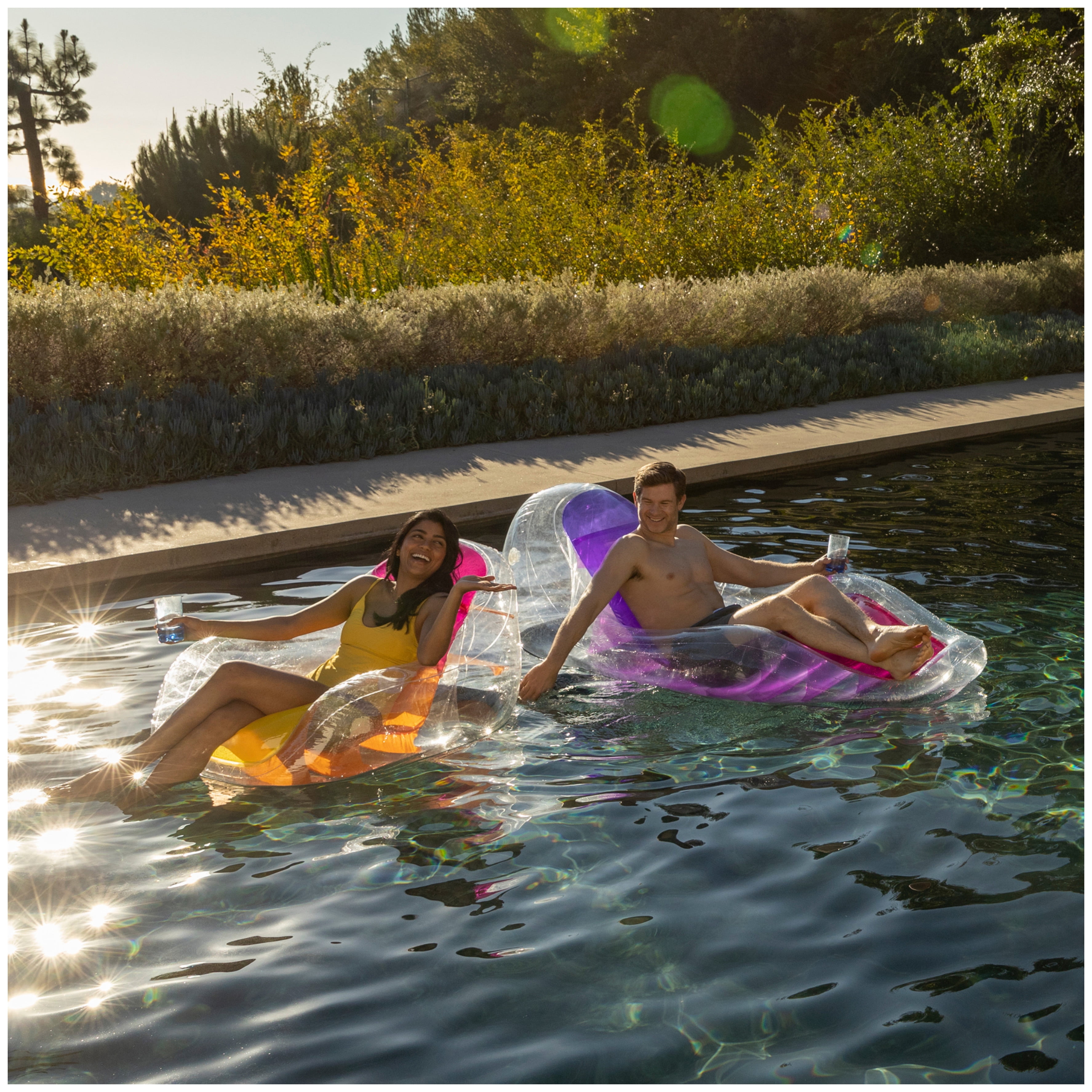 Swimways Dry Float Lounger Pool Float, Translucent Inflatable Recliner Chair for Adults with Fast Inflation, Foot Rest & Cup Holder