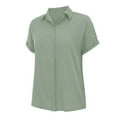 thumbnail image 5 of Holzkary Womens Cotton Button Down Shirt Rolled Cuffed Short Sleeve Blouse Ladies Summer Casual V Neck Beach Cotton Tops Green M, 5 of 9