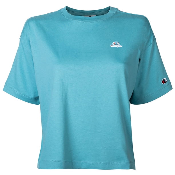 Camiseta de mujer Champion - CML Champion Logo, Algodón, Crop Top, Cuello redondo, Manga corta, Color sólido Turquesa S (Small)