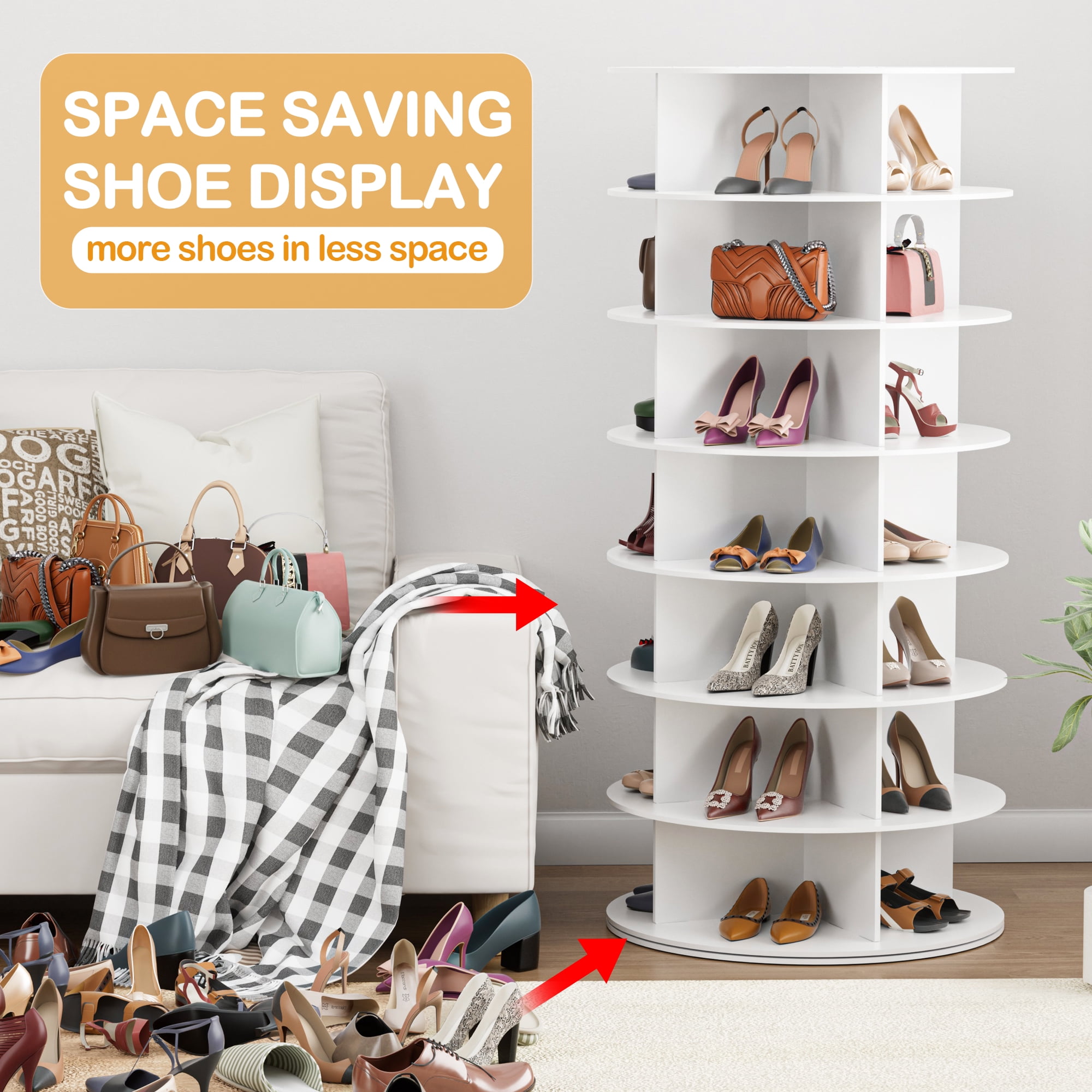 Magic Union 7 Tier Rotating Shoe Rack Tower, Spinning Shoe Display Lazy Susan, Revolving 360 Shoe Rack Storage Round Carousel, Vertical Handbag Rotate Shoes Closet Organization