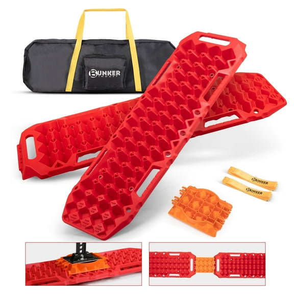 BUNKER INDUST Off-Road Traction Boards with Jack Lift Base,2 Pcs Multifunctional Recovery Track Ramp Traction Mat for 4WD UTV SUV Truck-Mud, Sand, Snow Tire Traction Devices Red with Carry Bag