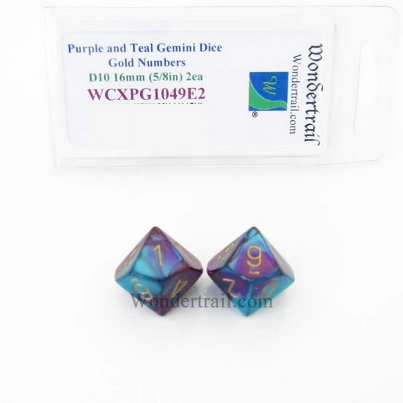 Purple and Teal Gemini Dice with Gold Numbers D10 Aprox 16mm (5/8in) Pack of 2 Wondertrail