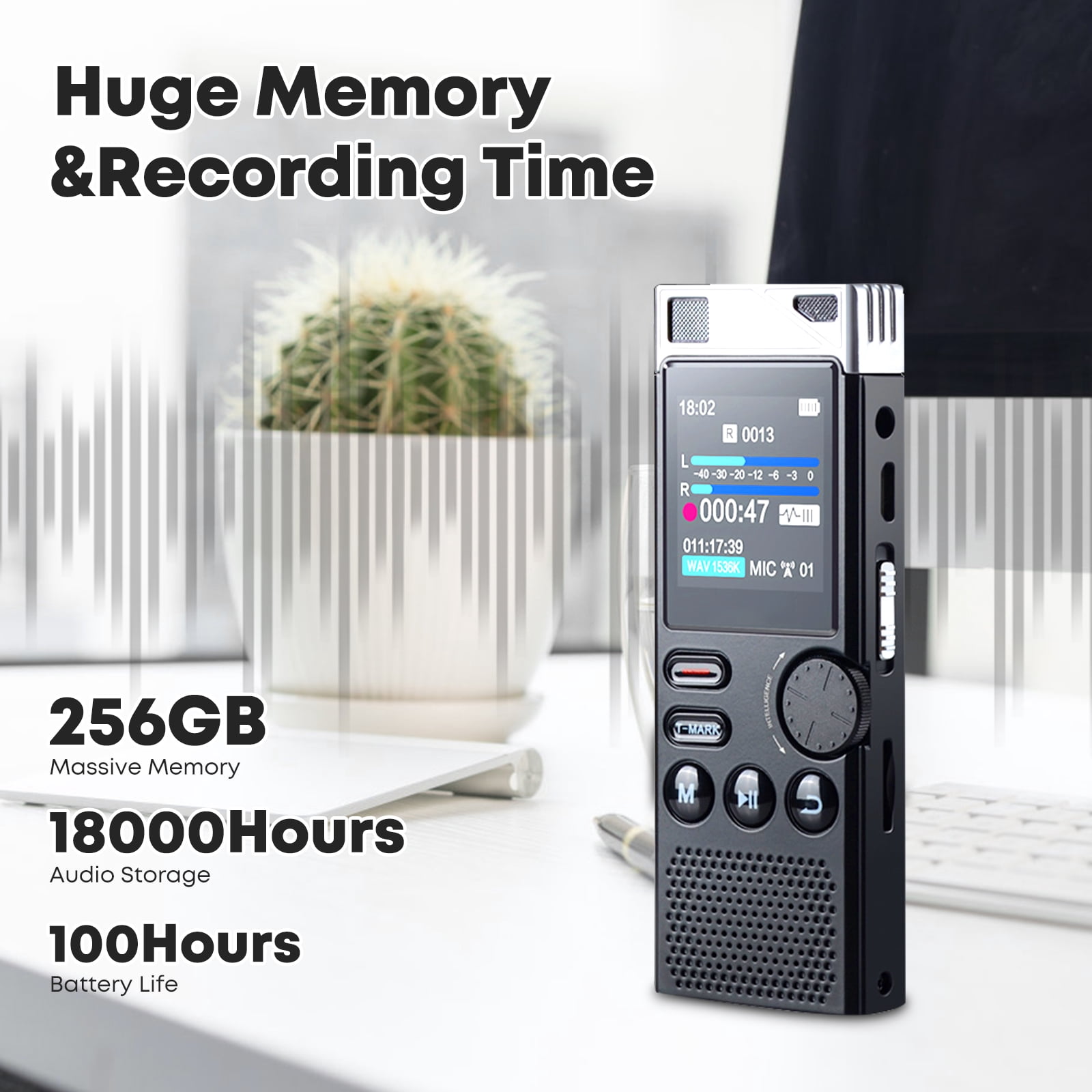 Professional 264GB WUCOTC Digital Voice Recorder - Voice Activated Recorder for Lectures Meetings - 18000 Hours Recording Device with Playback, MP3 Player, Password Protection, Variable Speed., Black