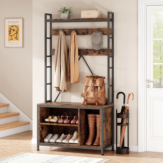 70" Hall Tree Freestanding Entryway Organizer: 5-in-1 Hall Tree with Storage Bench, 8 Hooks, 2 Drawers & Shoe Rack for Small Spaces