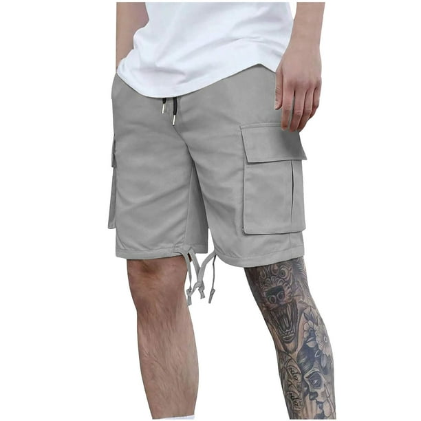Mens Cargo Shorts Verano Casual Color Sólido Moda Bolsillos Cordón Cintura Elástica, Cómodo para Al Aire Libre Y la Playa