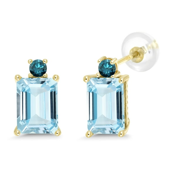 Gem Stone King 2.93 Ct Octagon Sky Blue Aquamarine Blue Diamond 10K Yellow Gold Earrings