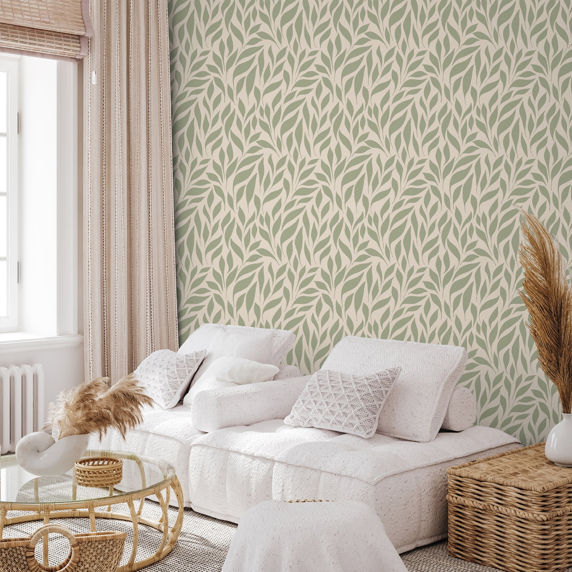 SimurgWallArts - Botanical Peel and Stick Vinyl Nursery Wallpaper – Soft Green Leaf Wall Mural, 19 x 118 in Roll, Covers 15.57 Sq.Ft.