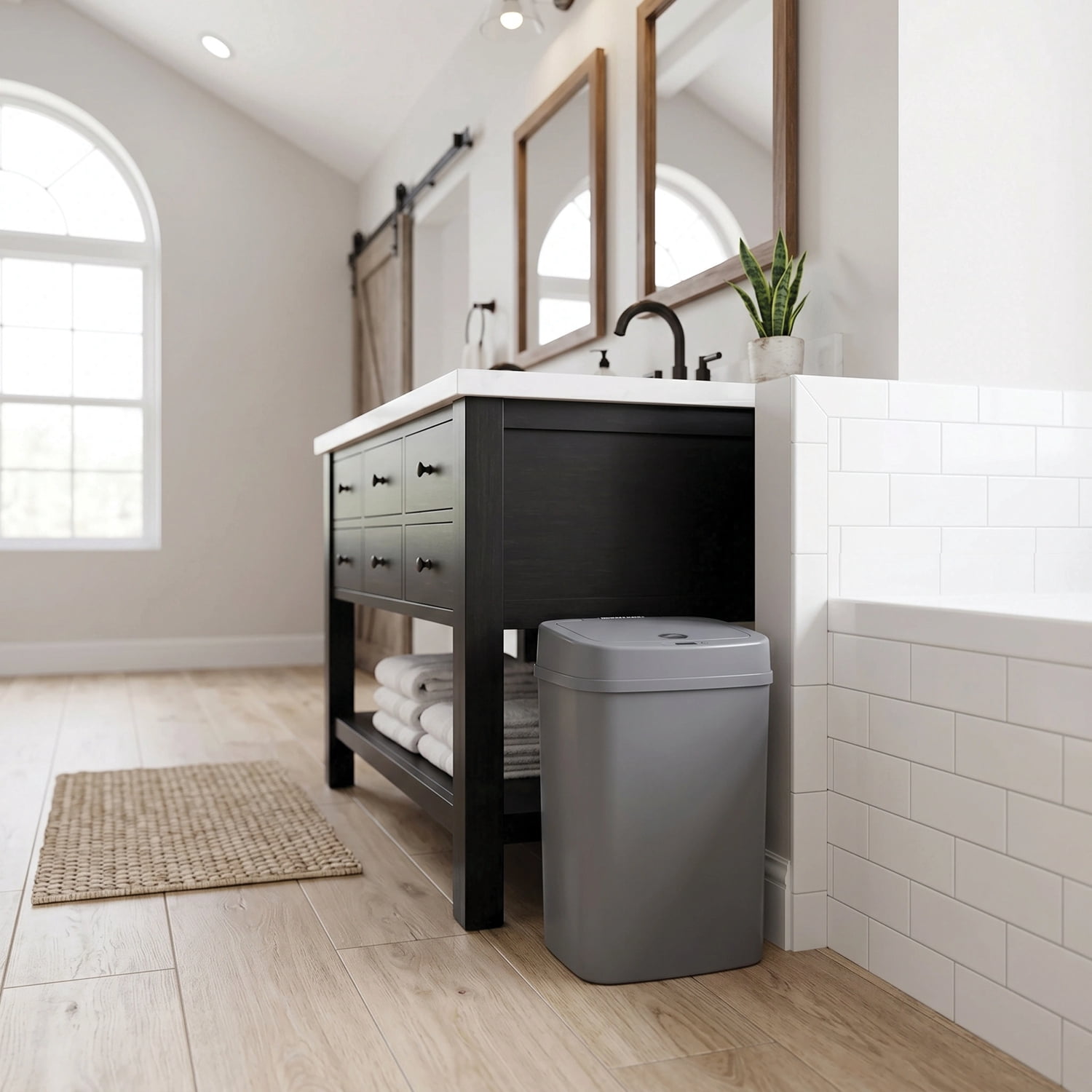 Nine Stars Automatic Bathroom Trash Can, 3.2 Gallon Plastic, Motion Sensor Waste Bin with Soft Close Lid, Soothing Grey