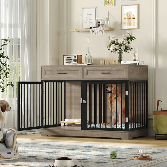 Homfa Dog Crate Furniture with 2 Drawers, 47.2 in Wooden Indoor Dog Cage Table with Divider,Grey