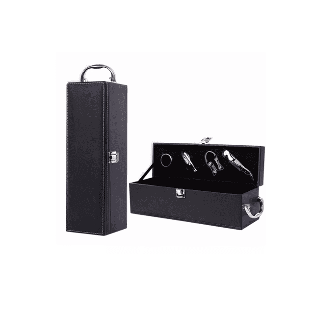 Caja De Regalo Para Un Vino Tinto Con Utensilios De Vino negro