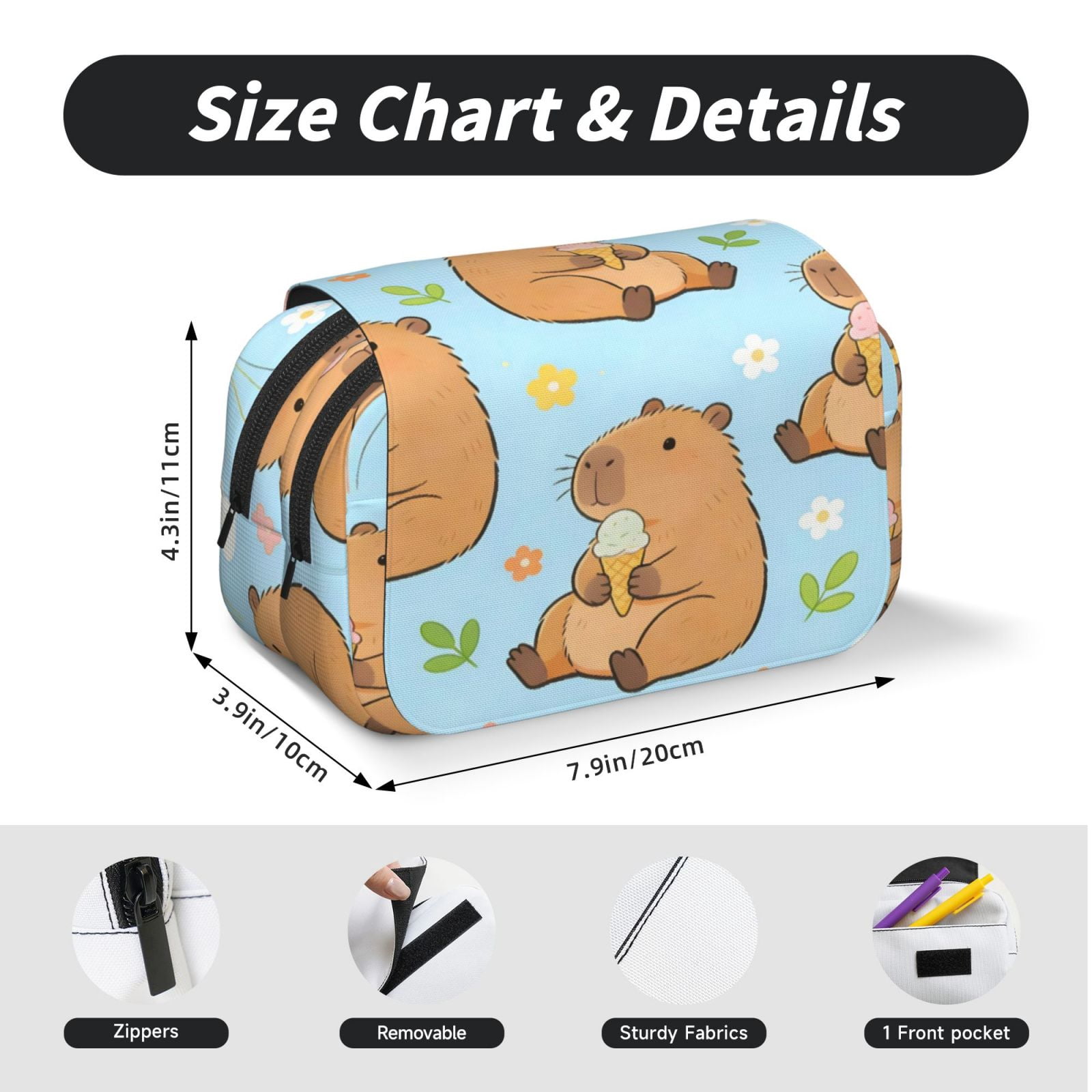 Large-Capacity Flip-Top Double-Layer Pencil Case, Multi-Functional Pocket Pen Case, Durable Stationery Organizer Cute Capybara Flower Balloon Blue Background