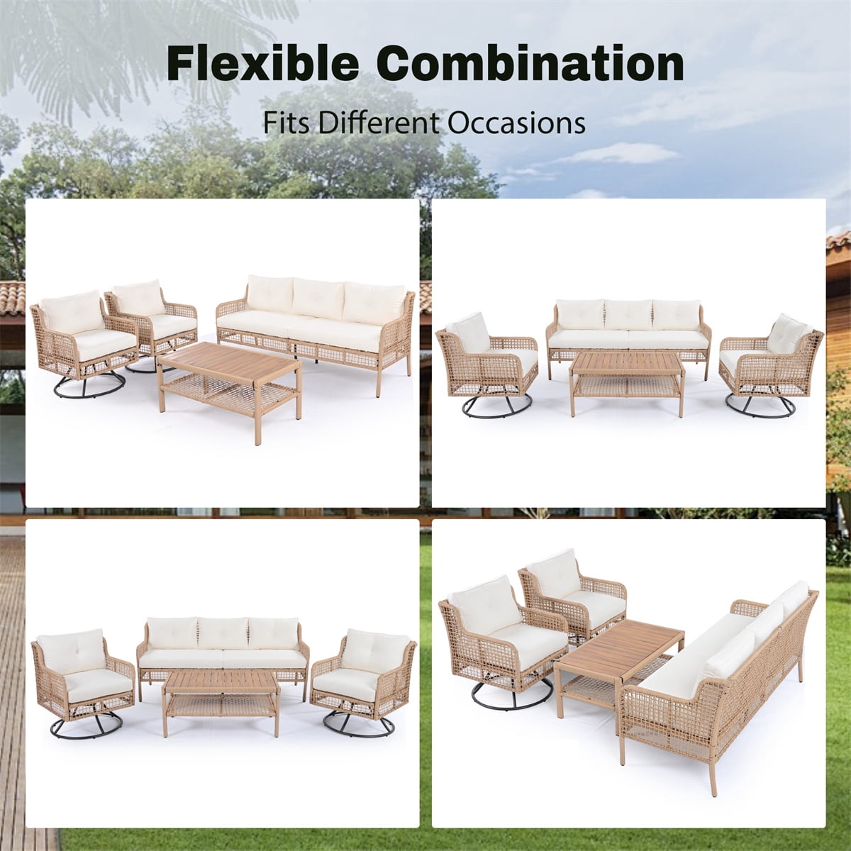 HighSound Patio Furniture Set, 5 Piece Outdoor Conversation Set with Rocking Swivel Chairs, Wicker Rattan Outdoor Sofa Set with Coffee Table for Backyard, Deck, Porch, Beige Cushions