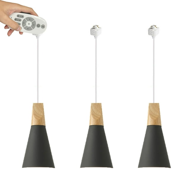 FSLiving Remote Control Pendant Light 3 Lights H-Type Track Pendant Lamps Scandinavian Style Pendant Lights for Kitchen Hanging Lamp Modern Wood and Aluminium Light Customizable - Grey