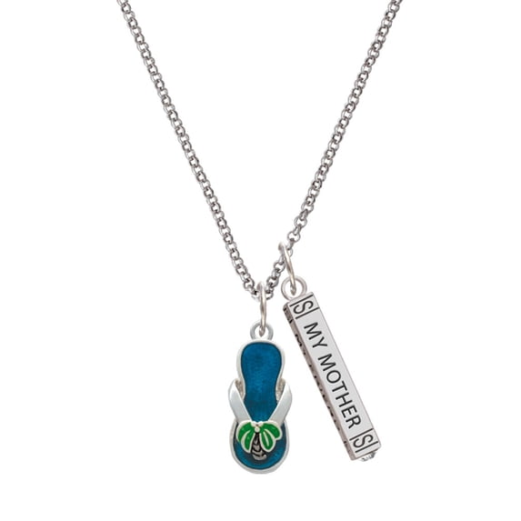 Delight Jewelry Silvertone Tropical Blue Flip Flop with Palm Tree Silvertone Always My Mother Bar Charm Necklace, 23"