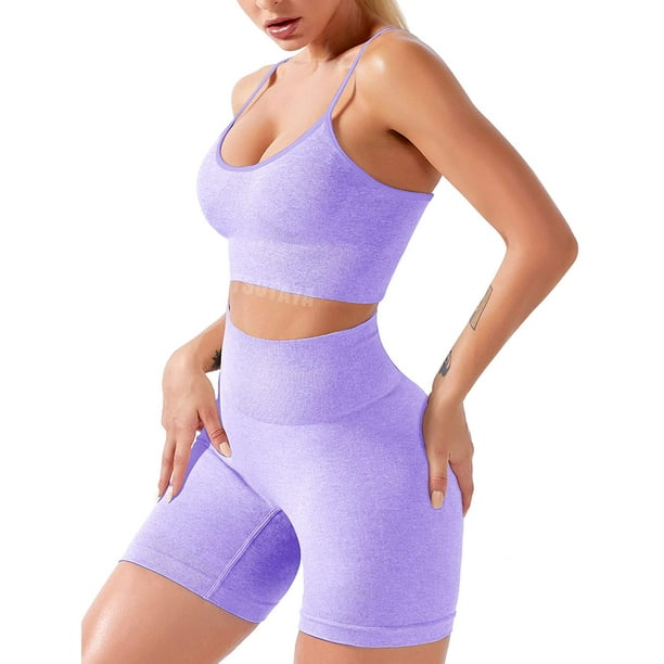Women 2 PCS Workout Set Seamless Super Soft Material Neck Bra+Leggings  Sports Suit Yoga Outfits