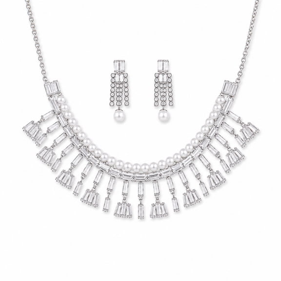 AlKhalil - Elegant Pearl & Clear Gemstone Necklace and Earrings Set – Formal Party, Wedding & Gift Jewelry