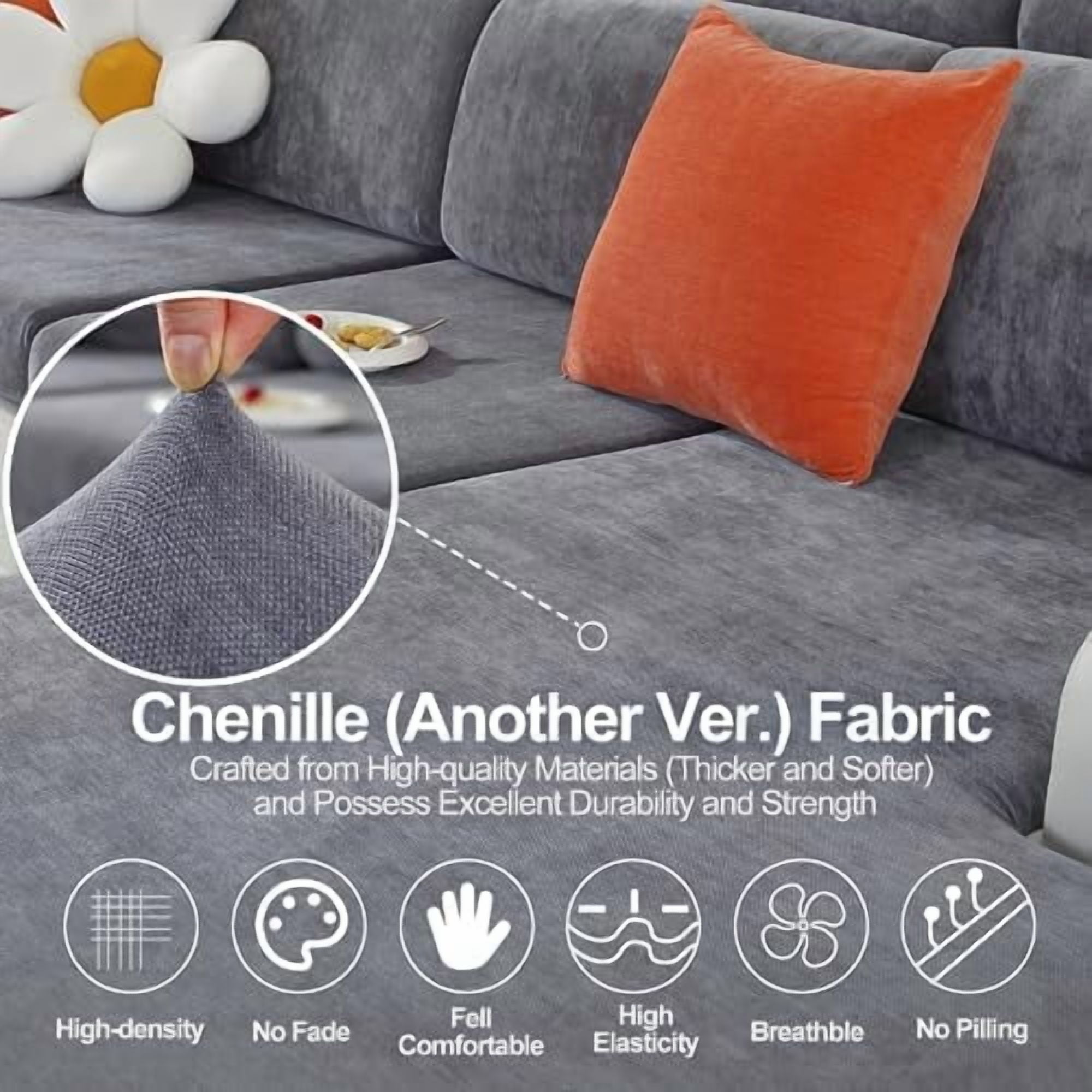 Large Backrest Cushion Covers Super Stretch Back Covers for 3 Cushion Couch Sofa, Couch Back Cushion Covers Featuring with Chenille Yarn (Softer Version, 3PC, Dark Grey)
