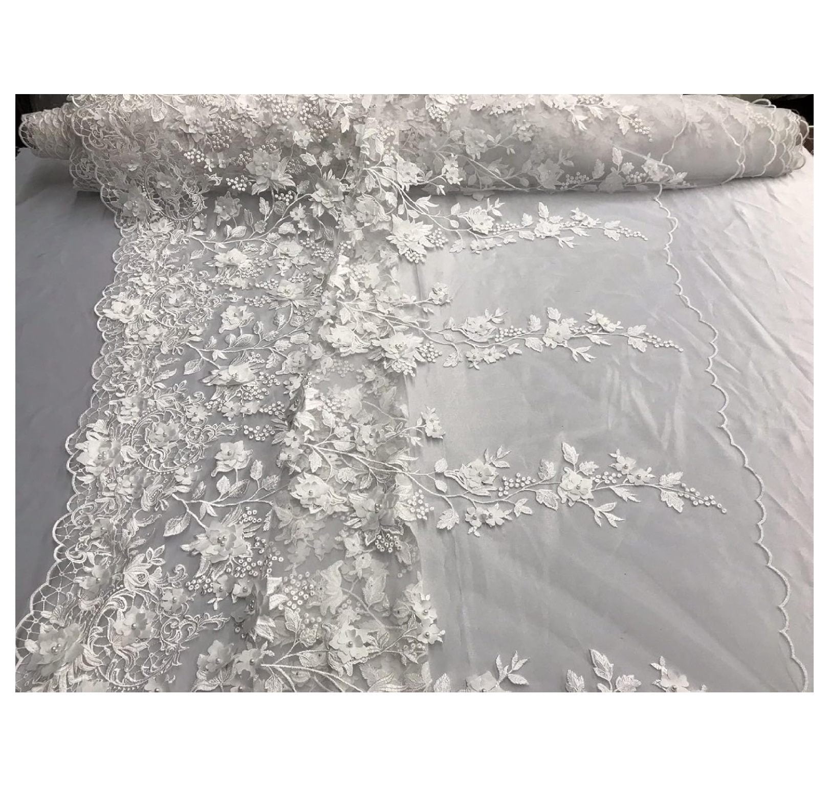 White 3D Floral Embroider with Pearls ON A MESH LACE-Sold by Yard.