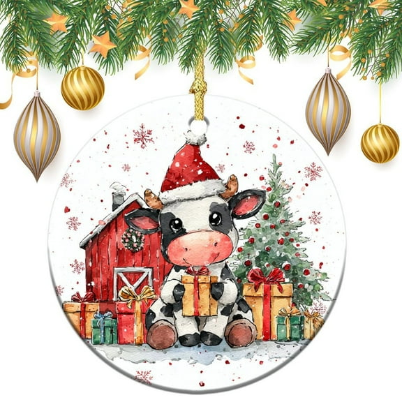 Ornament Christmas Barn Winter Farmhouse Double-Sided Ceramics Ornaments Dairy Cow Merry Christmas Holiday Ornament for Home Christmas Tree Decor Ornament Xmas Present