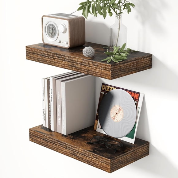 16 Inch Floating Shelves for Wall Oak Shelves Set of 2,Wall Mounted Rustic Wood 8 Inch Deep Floating Shelf with Invisible Brackets for Bedroom Kitchen Living Room