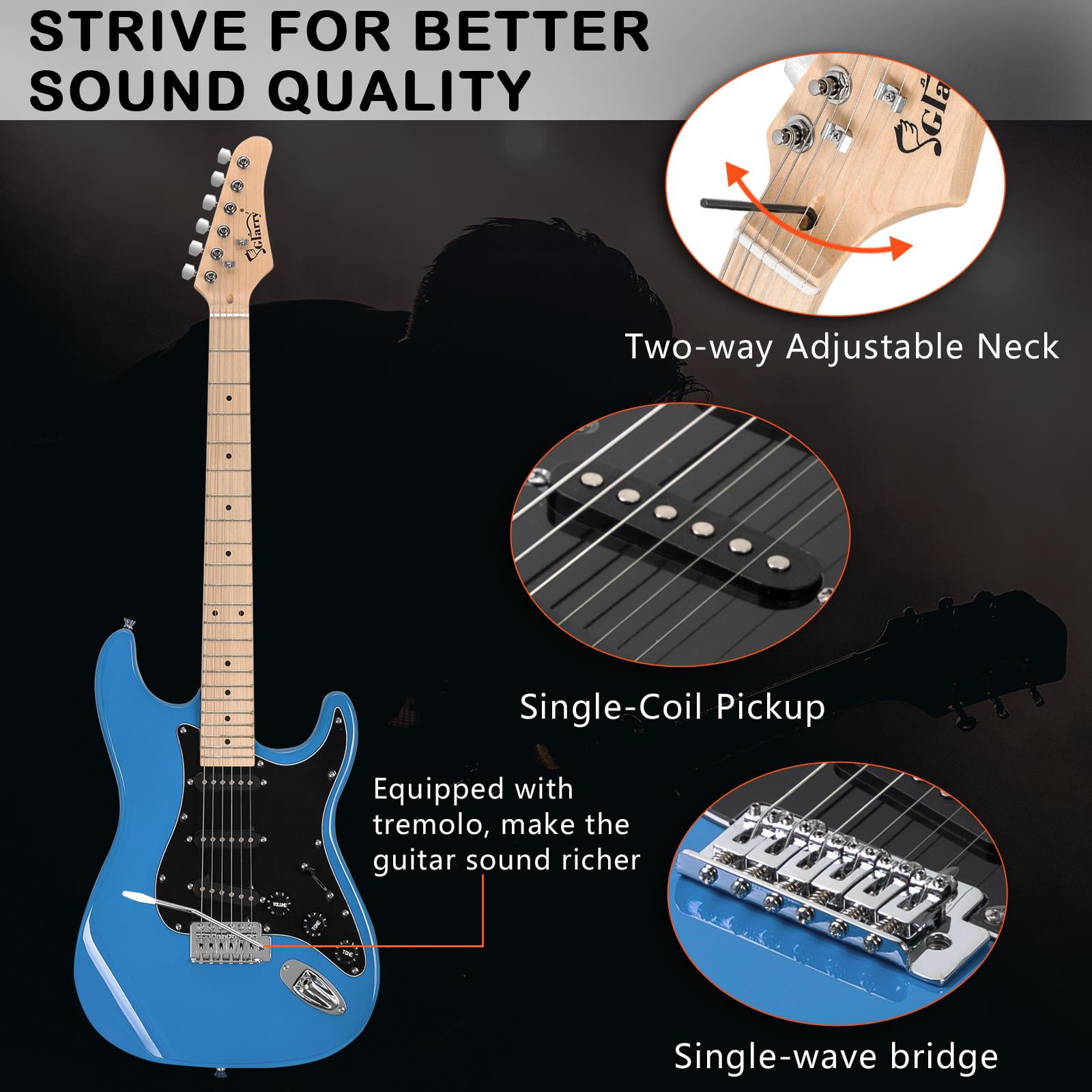 Glarry Beginner Electric Guitar Kit for Starter with 20Watt Amplifier,Bag,Strap,Plectrum,Spanner Tool,Wire,Tremolo Bar,Sky/Bright Blue