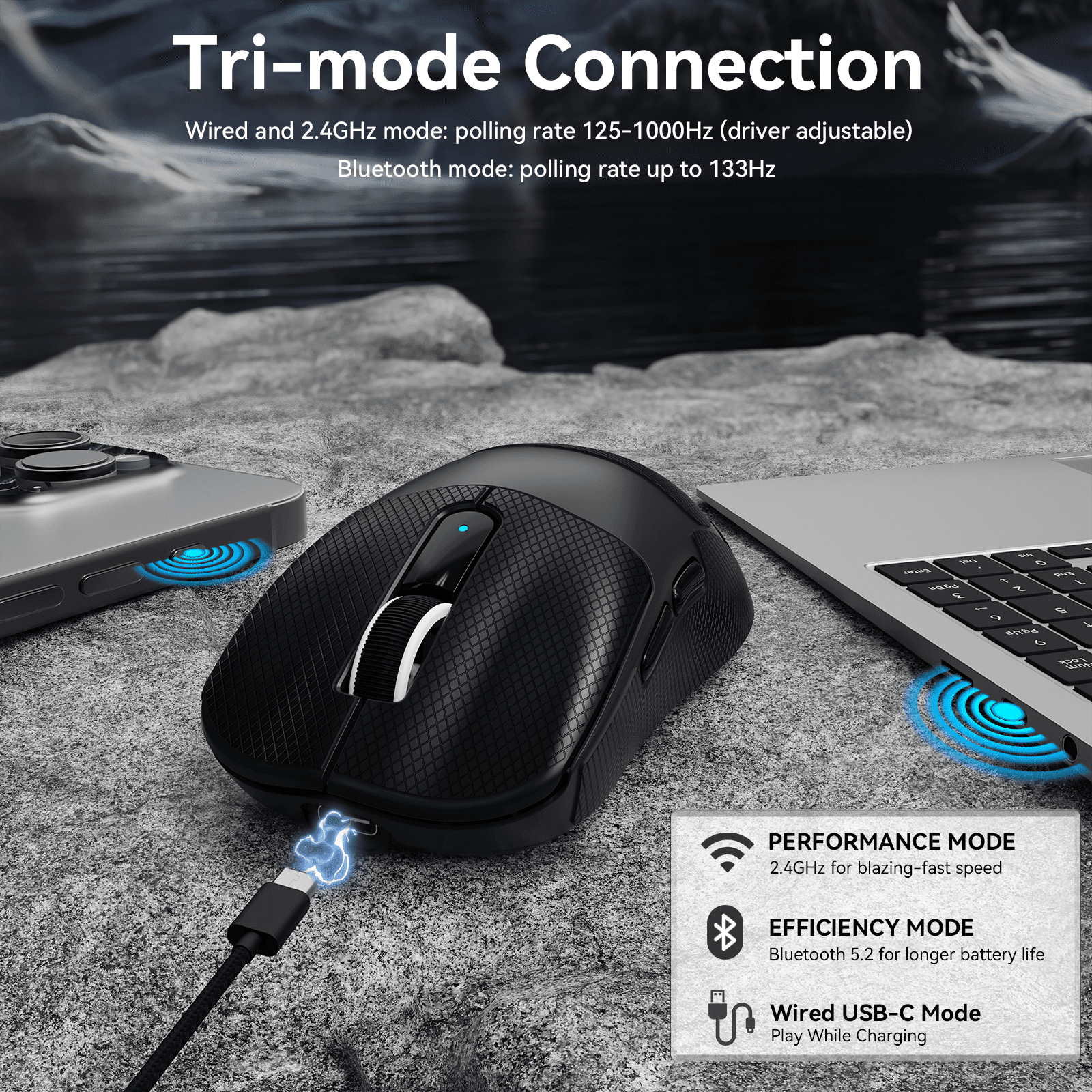 MAMBASNAKE M3 39g SUPERLIGHT Mouse, PixArt PAW3395PRO Gaming Sensor, BT/2.4G Wireless/Wired Gaming Mouse, 6 Adjustable DPI up to 40000, 200 Hrs Battery, Office Mice for PC/Win/Mac - Black&Tape