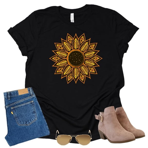 Women's Summer Sunflower T Shirt Cute Flower Graphic Loose Tees Crew Neck Short Sleeve Casual Tops (Black-2X Large)