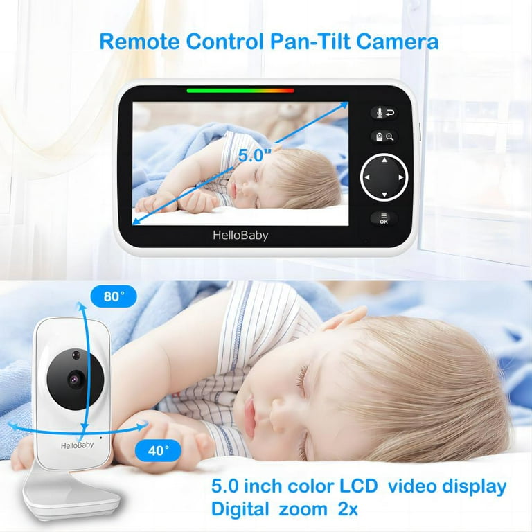 Vigilabebés con Cámara y Pantalla LCD de 5, HelloBaby HB50 Vigilabebés  Cámara, Sensor de Temperatura Ambiente, Audio bidireccional, Baby Monitor,  visión Nocturna : : Bebé