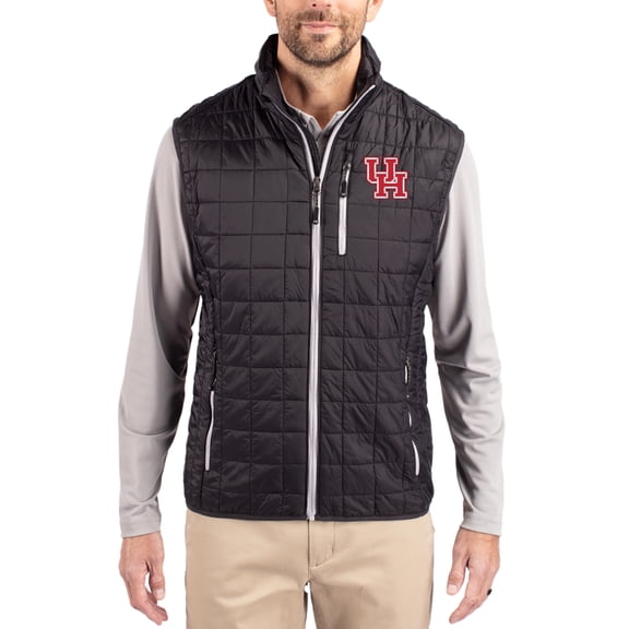 Men's-Cutter & Buck  Black Houston Cougars Rainier Eco Insulated PrimaLoft Full-Zip Puffer Vest