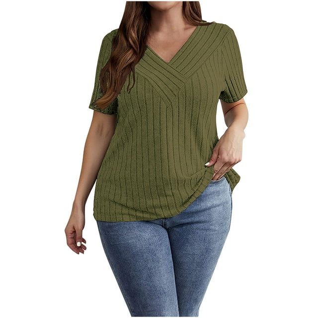 WRKEKC Summer T-Shirts for Women Spring Fall Solid Color V-Neck Short Sleeve Ribbed Brushed Short Sleeve V-Neck Blouse