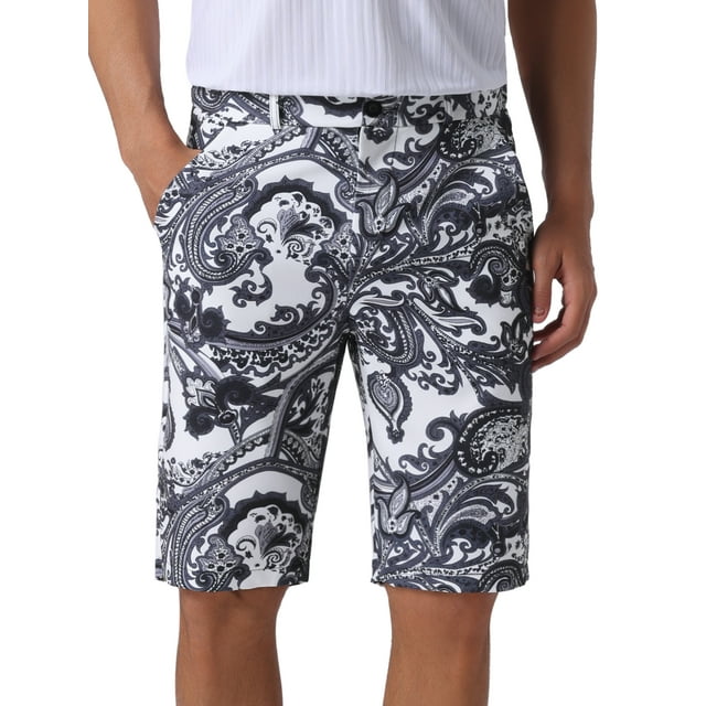 Pantalones cortos gráficos INSPIRE CHIC para hombres, verano retro, frente plano, bohemios, florales, 34, negro y blanco