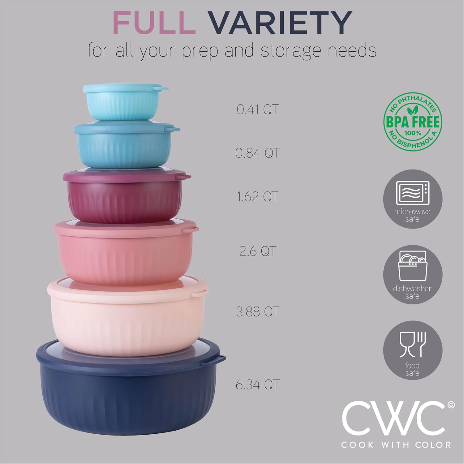COOK WITH COLOR Meal Prep Containers Wide Mixing Bowls Food Storage Containers with Lids, Navy 12 Pcs