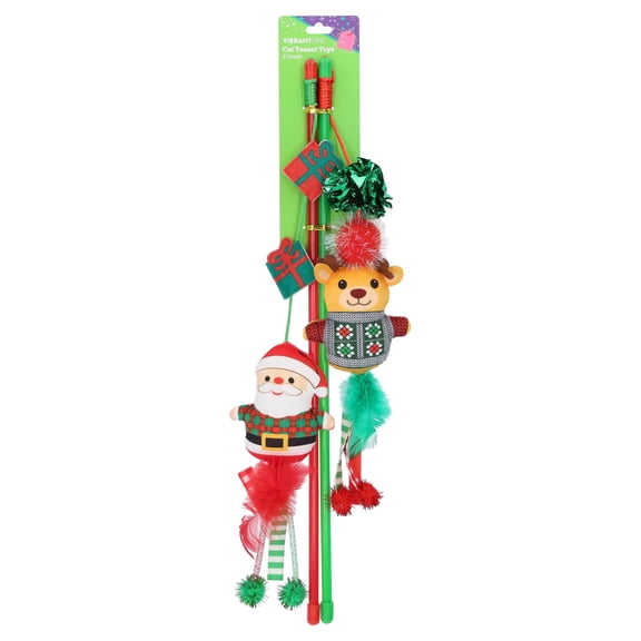 Vibrant Life Holiday Santa and Reindeer Teaser Wand Cat Toys, Multicolor, 2 Count