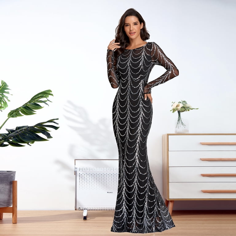Plus Size Women Evening Dress O Neck Full Sleeve Mermaid Sequins Tulle  Floor Length Party Dress Women Formal Dress - Walmart.com