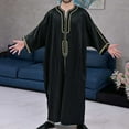 thumbnail image 2 of Men's Muslim Kaftan Thobe Short Sleeves Linen Robe Arabic Prayer Eid Clothes V Neck Long Night Gown Shirt Loungewear, 2 of 9