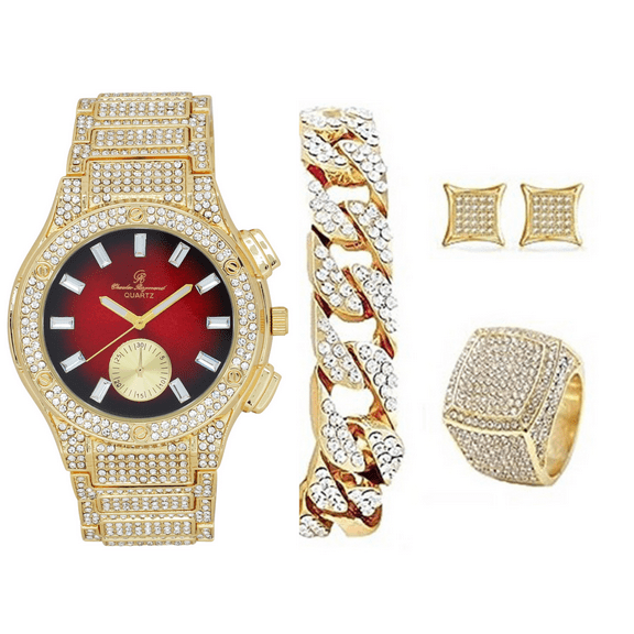 Bling-ed Out It's Lit! Hip Hop Watch & Jewerly Set w/Cuban Chain Bracelet, Kite Bling Earrings & Ring - GJM13 (11, ST10311 MB GLD Red)