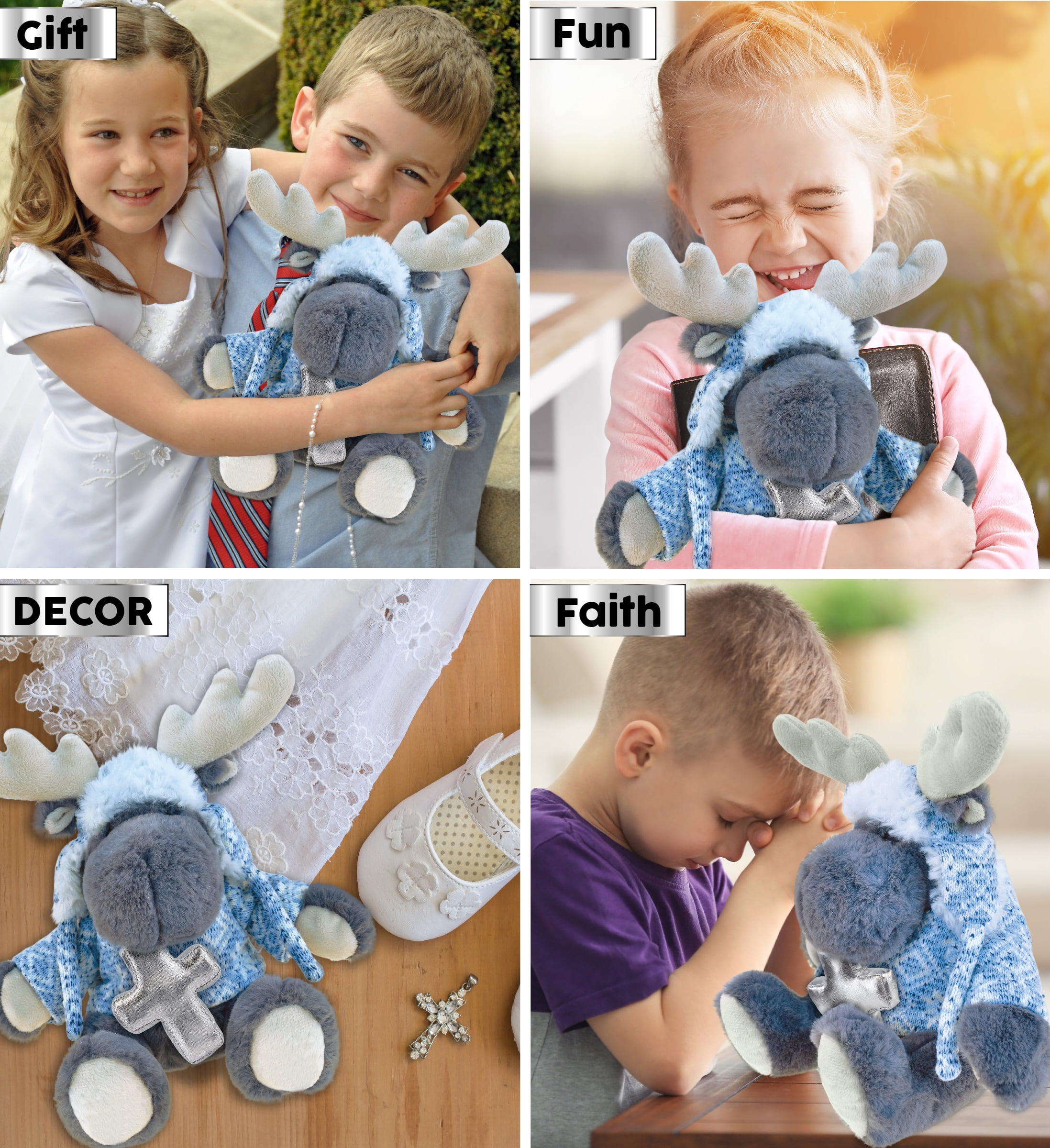 DolliBu Grey Moose with Clothes Stuffed Animal with Silver Cross Plush - Religious Baby Baptism Gifts for Boys and Girls, Dedication Christening Gifts Plush Prayer Toy Healing Teddy Bear - 12 Inches