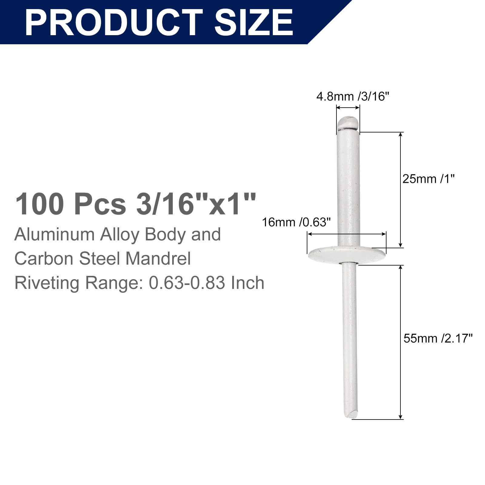 Uxcell 100Pcs 3/16"x1" Aluminum Blind Rivets, Large Flange Rivets Fasteners, Gray