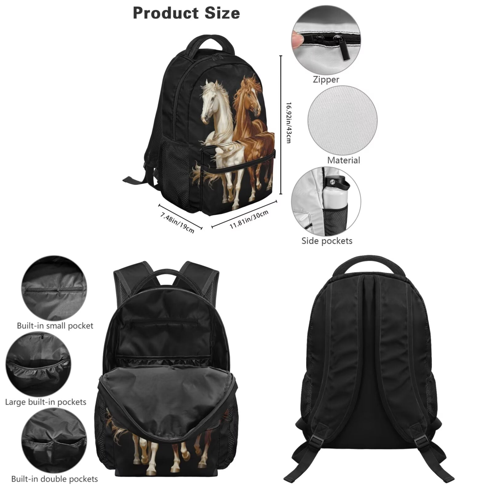 Pzuqiu Running Horses Boys Backpack Set of 5 School Bookbag Purse with Reusable Lunch Tote Bag Water Bottle Bag Pencil Case for Kids Elementary Schoolbags