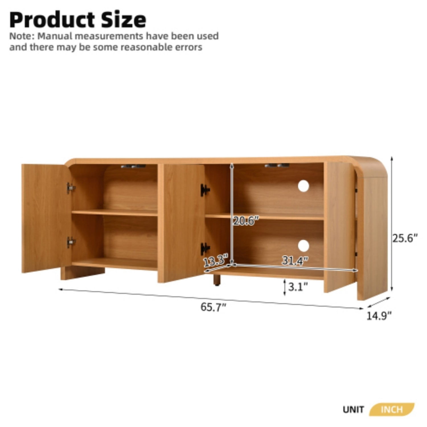 Farmhouse Curved Edge TV Stand for 70 Inch TV, Mid Century Modern Wood Grain Media Console with Adjustable Shelves, Cabinets & Cable Management for Living Room, Natural