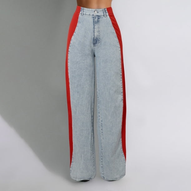 WILLBEST Pantalones Casuales para Mujer, Vaqueros elegantes con Rayas de Patchwork, Cintura Alta, Corte Holgado, Vaqueros con Bloques de Color, Pantalones Rectos de Pierna Ancha Chica