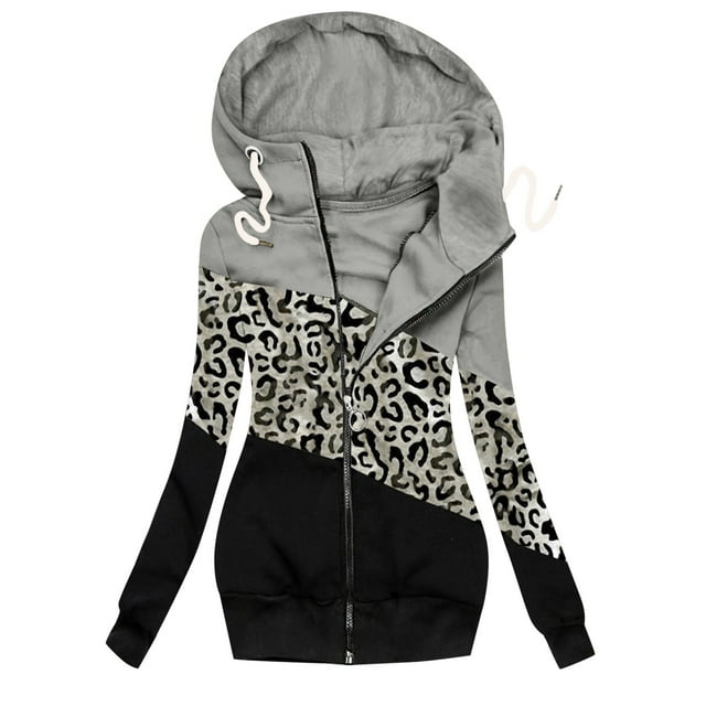 Qertyioot Offres Spéciales de Vacances! Veste Décontractée d'Hiver pour Femmes à Imprimé Léopard avec Fermeture Éclair, Sweat à Manches Longues