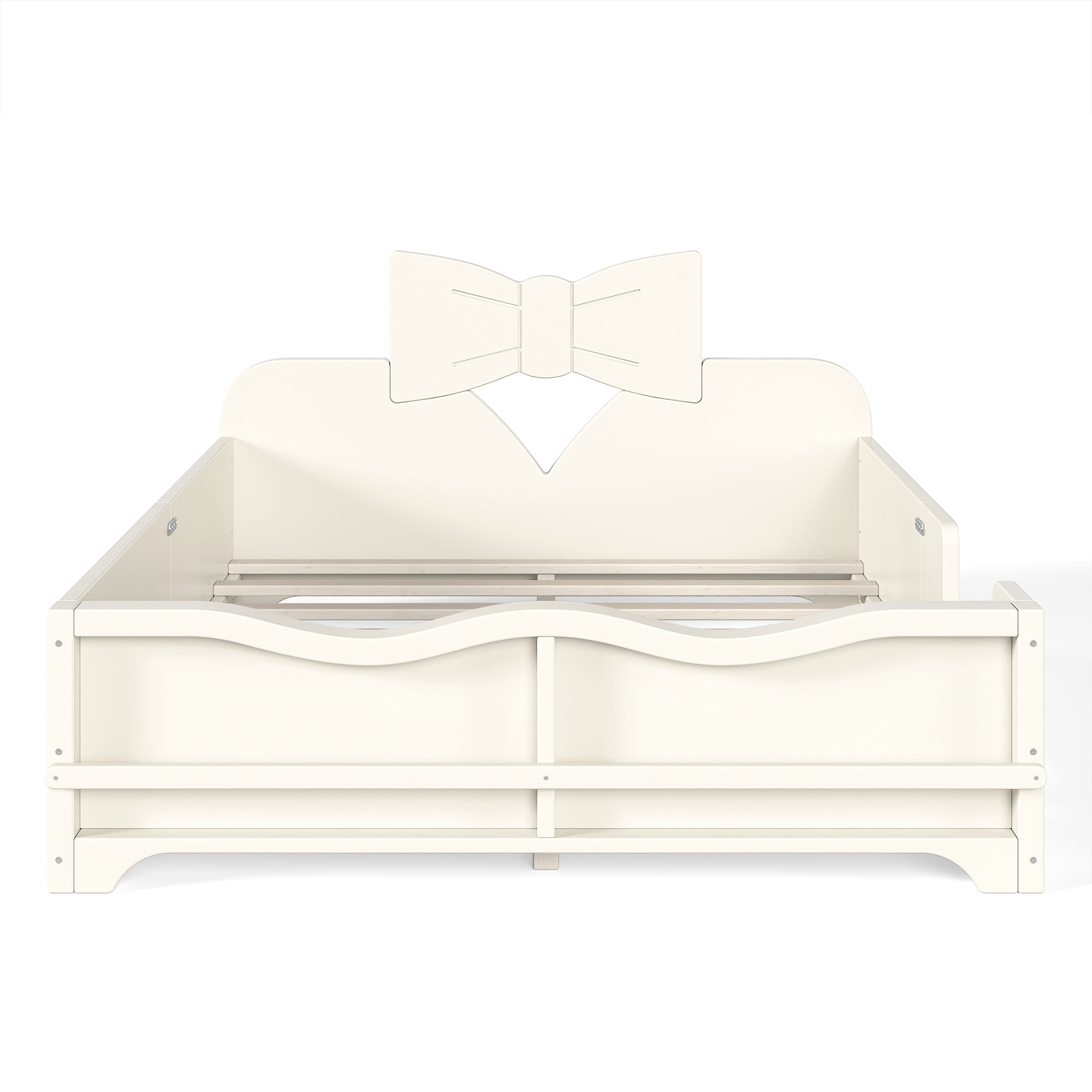 Full Size Kids Platform Bed 78 Inch, Bowknot Headboard with Surround Guardrails and Built In Bookshelf, No Box Spring Needed, Beige